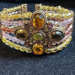 Beaded Multi-Strand Yellow Amber Crystal Bracelet signed Monet